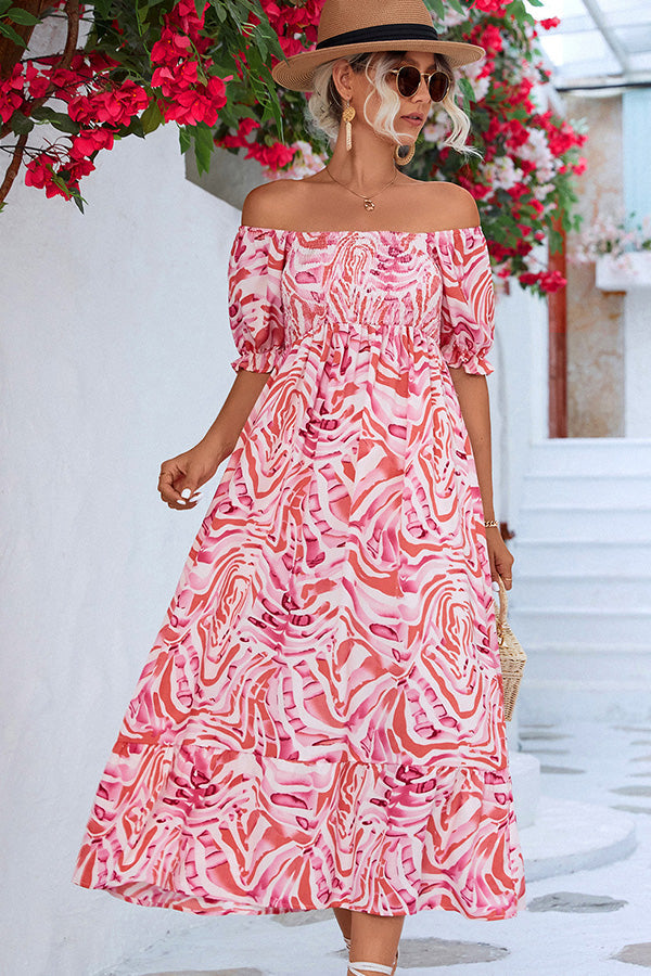 Women’s Off-Shoulder Smocked Midi Dress with Puff Sleeves