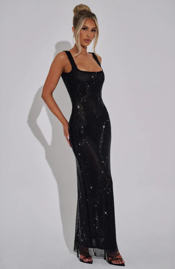 Women’s Square-Neck Embellished Maxi Dress with Open Back