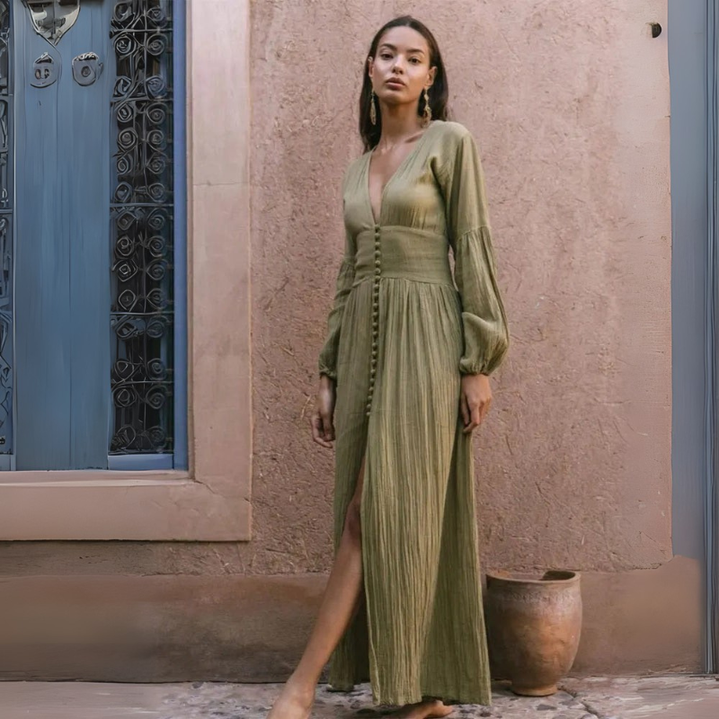 Women’s Boho Maxi Dress with Button Front