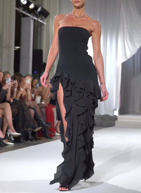 Women’s Strapless Ruffle Maxi Dress with Corset Back