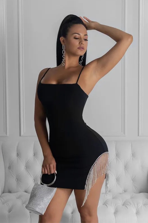 Women’s Embellished Diamante Trim Bodycon Mini Dress with Spaghetti Straps