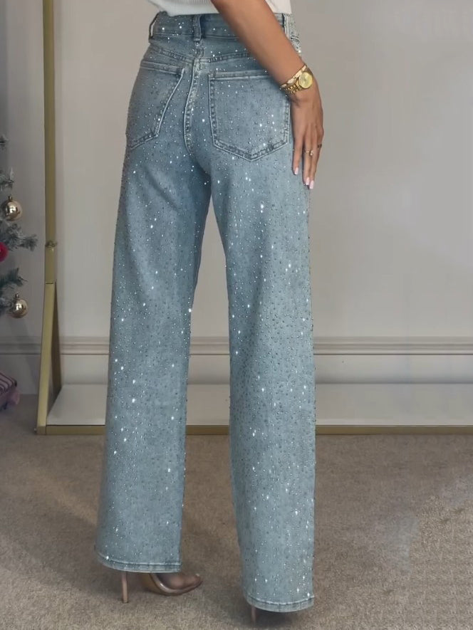 Women’s High Waisted Sparkly Denim Pants with Straight Leg Jeans