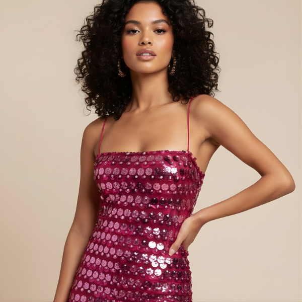 Women’s Sequin Evening Midi Dress with Slim Straps