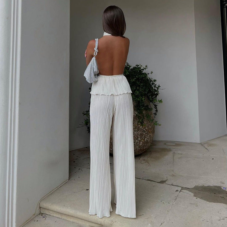 Women’s Pleated Backless Halter Tiered Top Two Piece Set with Wide Leg Summer Pants