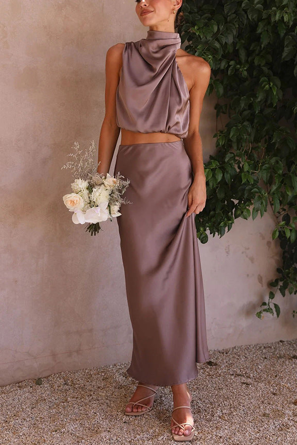 Women’s Satin Draped Halter Top Two-Piece Set with Maxi Skirt