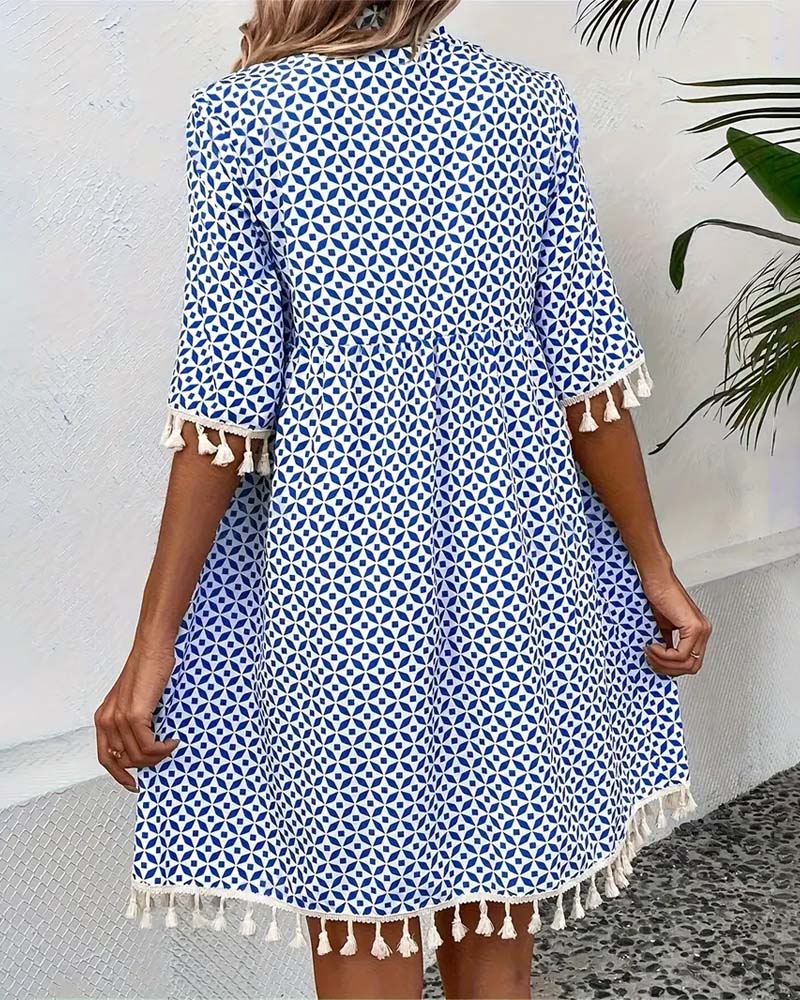Women’s Printed Mini Summer Dress with Short Sleeves and Tassel Trim