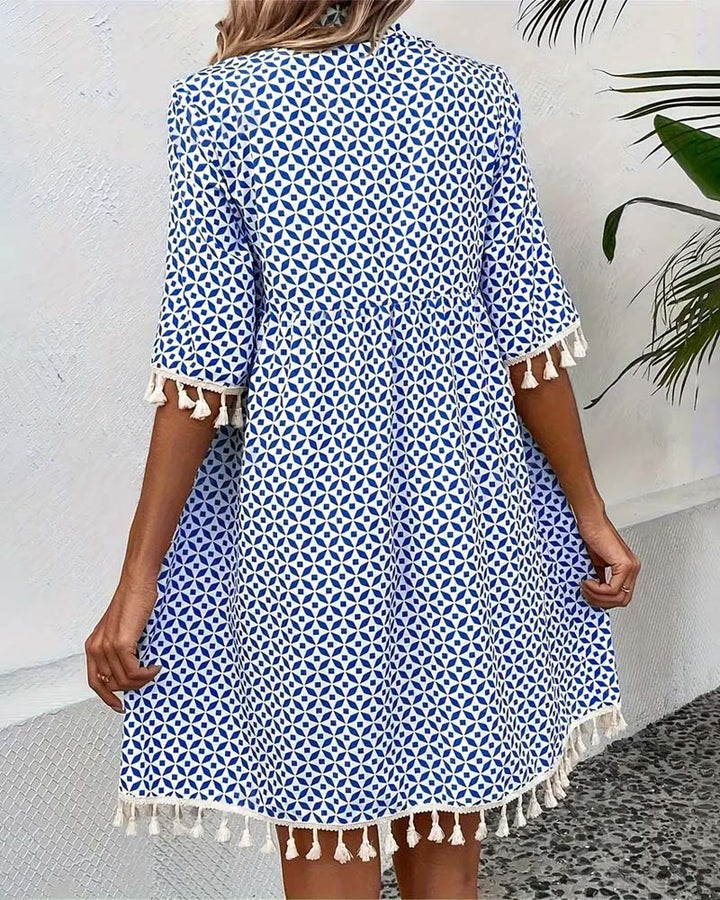 Women’s Printed Mini Summer Dress with Short Sleeves and Tassel Trim