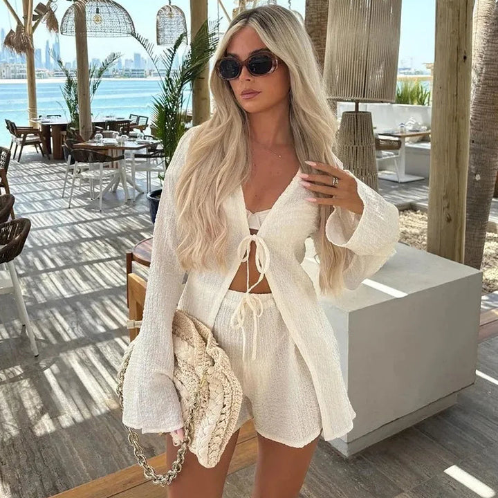 Women’s Tie Front Top Two Piece Lounge Set with Flutter Sleeves and Shorts