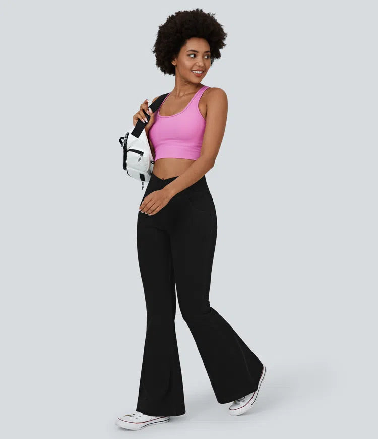 Women’s Flare Pants with High-Rise Crossover Waist and Pockets