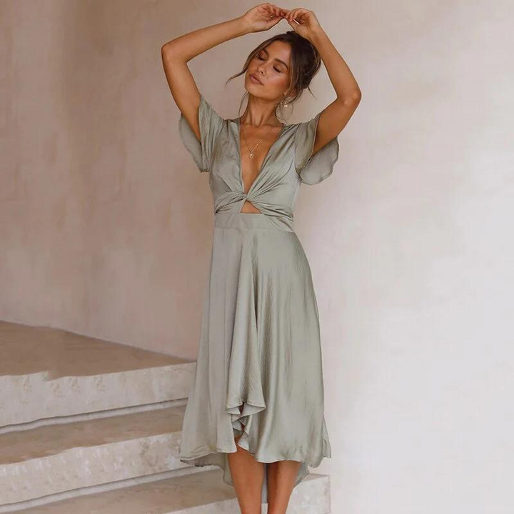 Women’s Flutter Sleeves Midi Dress with Twist Front