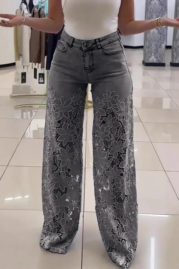 Women’s Floral Lace High Waist Pants with Wide-Leg