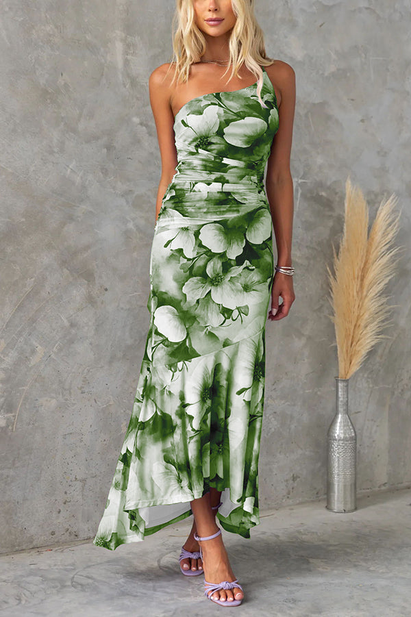 Women’s One-Shoulder Floral Maxi Dress with Ruching