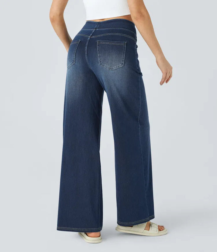 Women’s High Waist Denim Pants with Wide Legs and Waistband