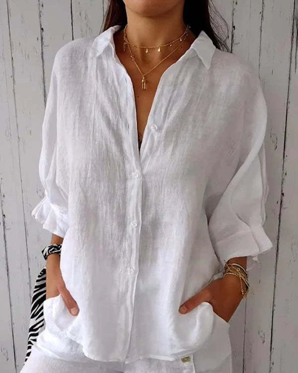 Women’s Cotton Linen Button-Front Shirt with Back Tie