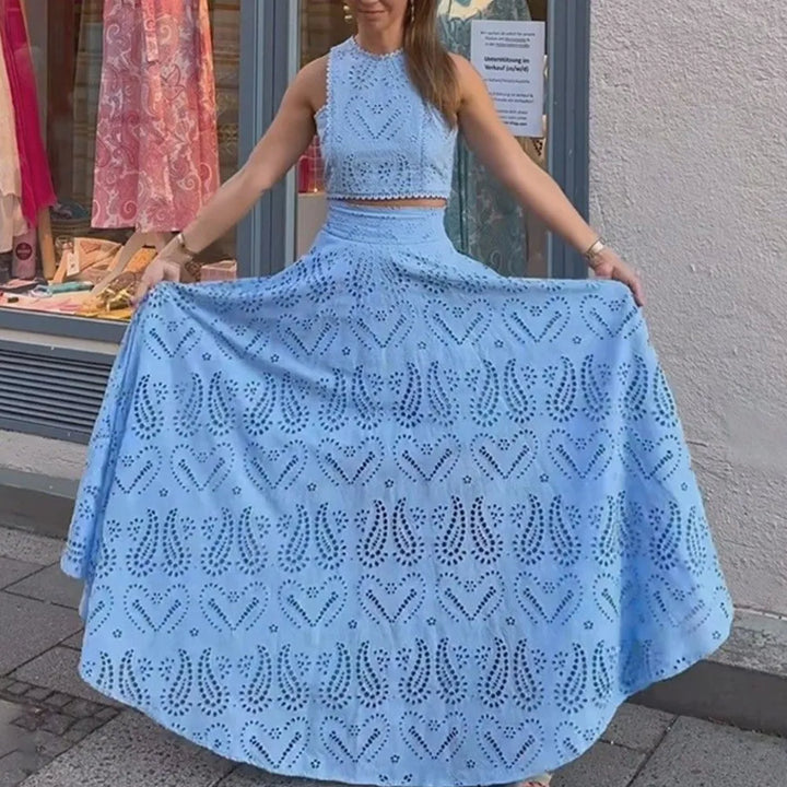 Women’s Embroidered High-Neck Crop Top Two Piece Set with A-Line Maxi Skirt