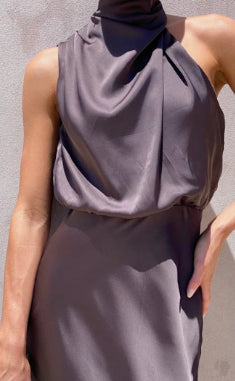 Women’s Satin Draped Halter Top Two-Piece Set with Maxi Skirt