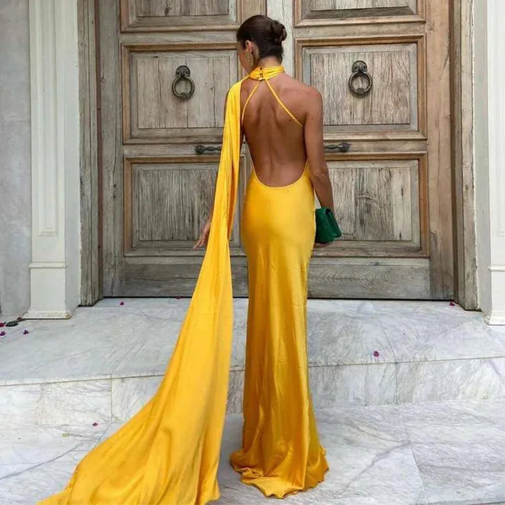 Women’s Satin One-Shoulder Cocktail Maxi Dress with Open Back