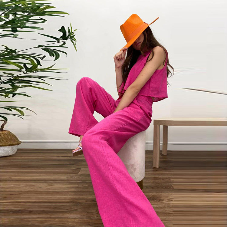 Women’s Cropped Top Two-Piece Set with Wide-Leg Trousers