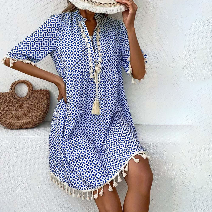 Women’s Printed Mini Summer Dress with Short Sleeves and Tassel Trim
