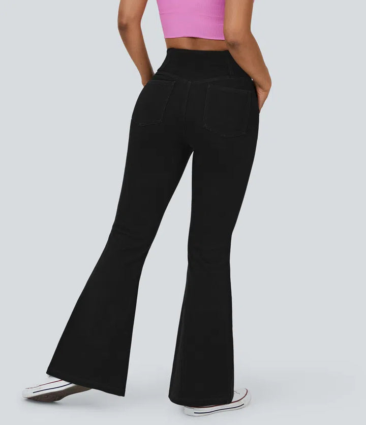 Women’s Flare Pants with High-Rise Crossover Waist and Pockets