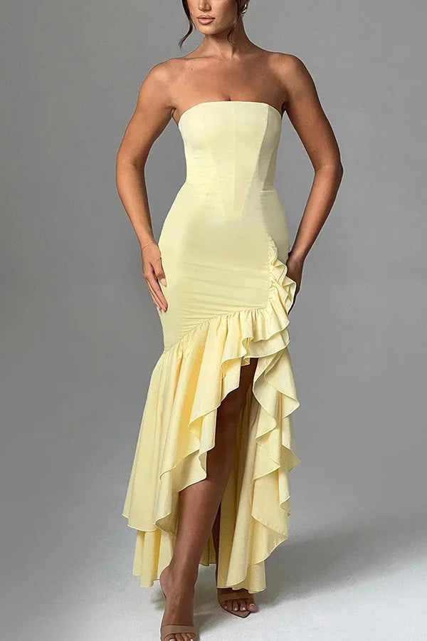 Women’s Strapless Ruffle Corset Maxi Dress with Asymmetrical Hem