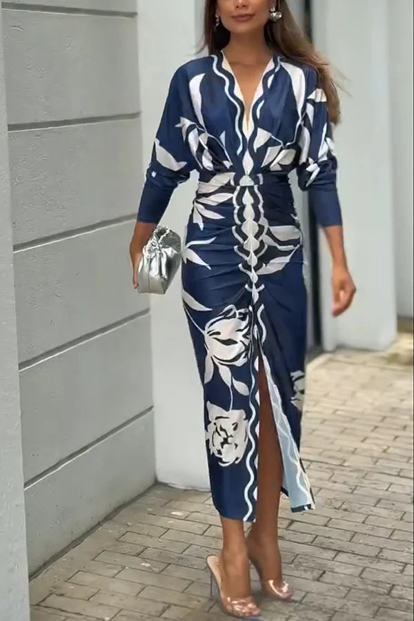 Women’s V-Neck Printed Ruched Midi Dress with Split