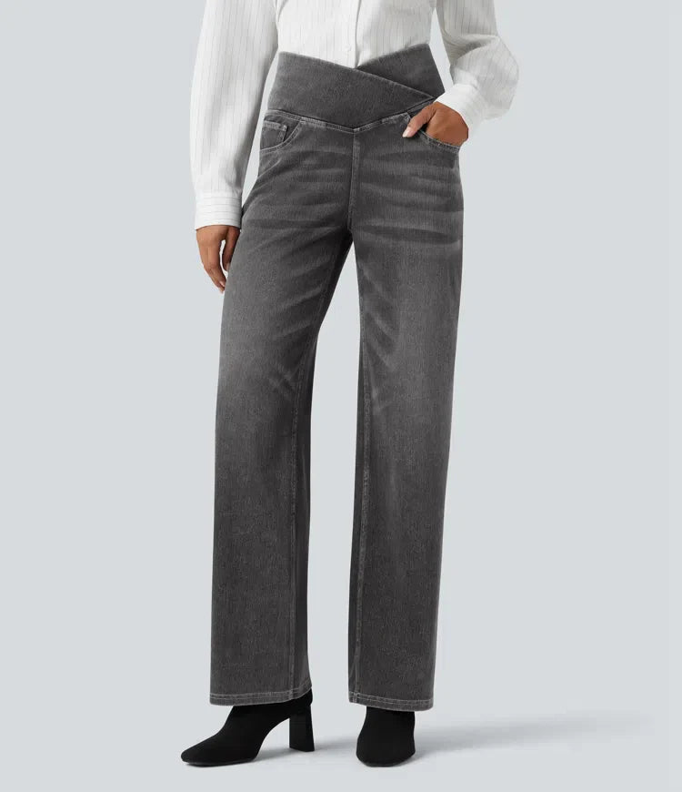 Women’s Crossover High Waisted Tummy Control Jeans with Straight Legs and Pockets