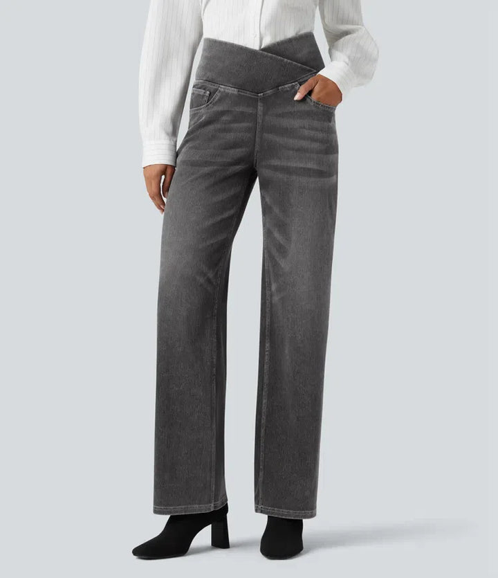 Women’s Crossover High Waisted Tummy Control Jeans with Straight Legs and Pockets
