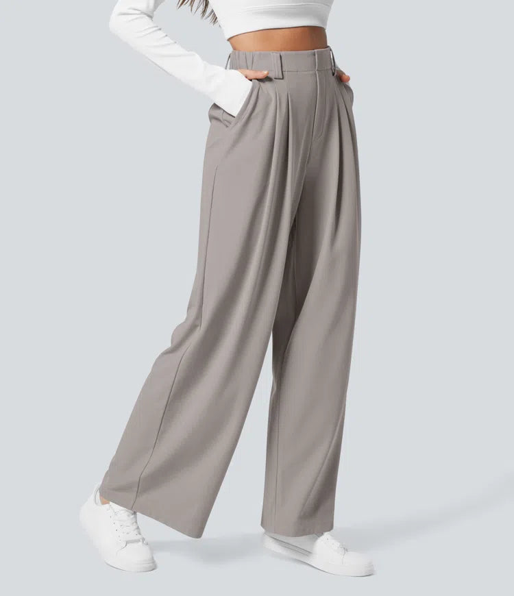Women’s Pleated High-Rise Waist Trousers with Wide Legs