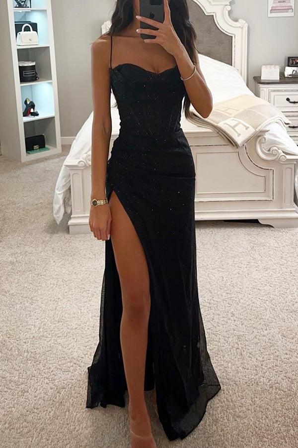 Women’s Maxi Corset Cocktail Dress with Spaghetti Straps and Slit