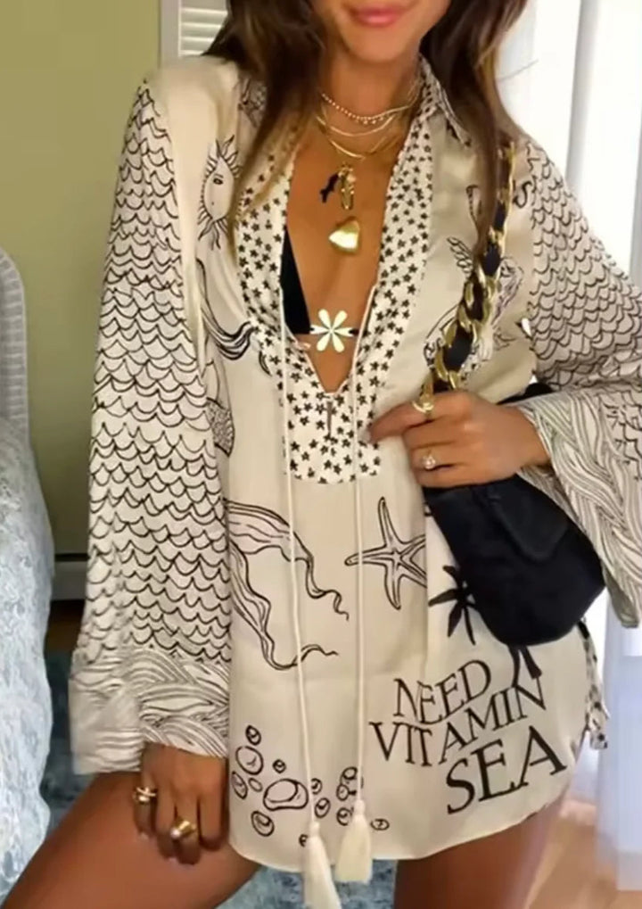 Women’s Printed Beach Shirt with Deep V-neck