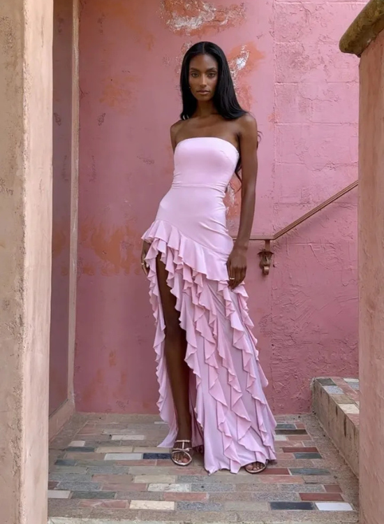 Women’s Strapless Ruffle Maxi Dress with Corset Back