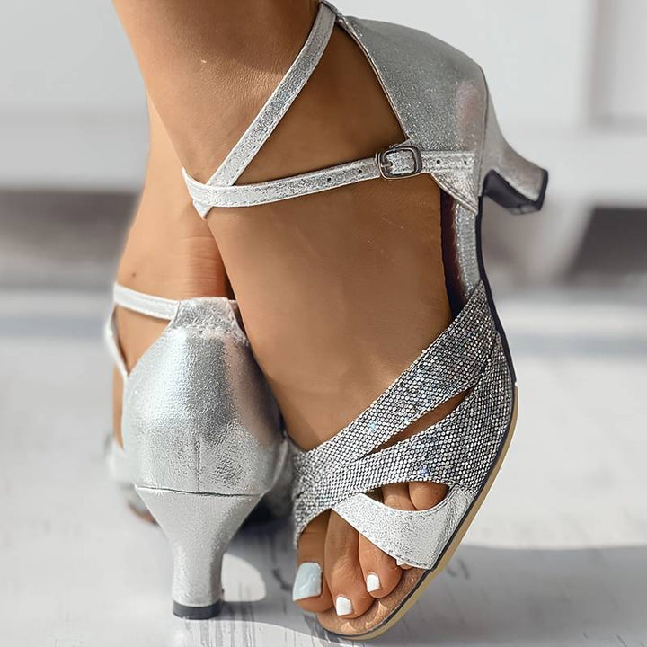 Women’s Sequin Strappy Heels with Cross Ankle Straps