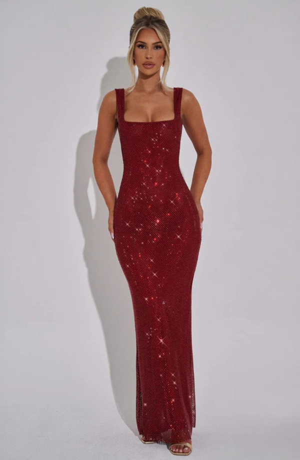 Women’s Square-Neck Embellished Maxi Dress with Open Back