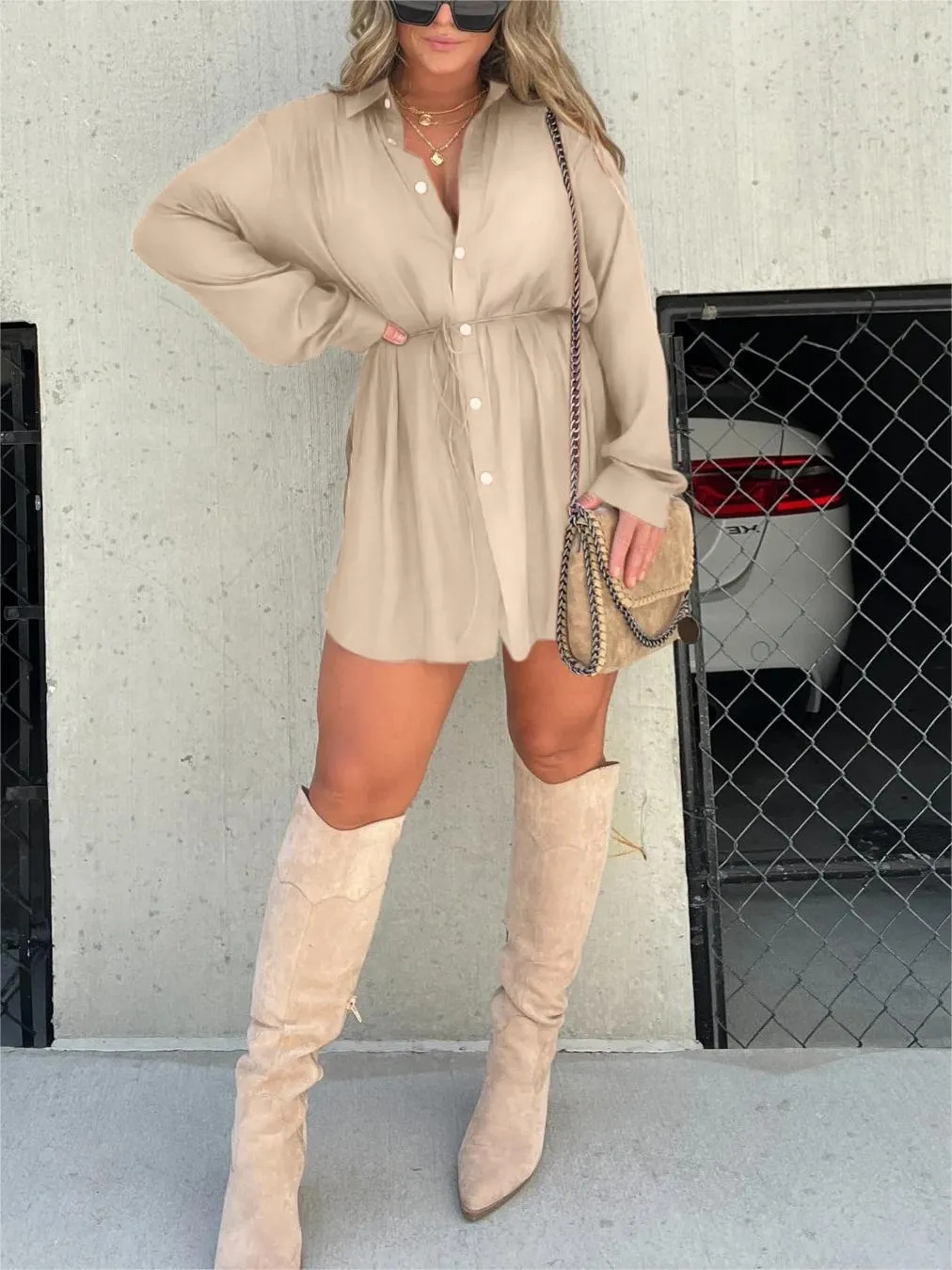 Women’s Long Sleeve Button-Front Shirt Playsuit Dress with Adjustable Waist Tie and Built-In Shorts
