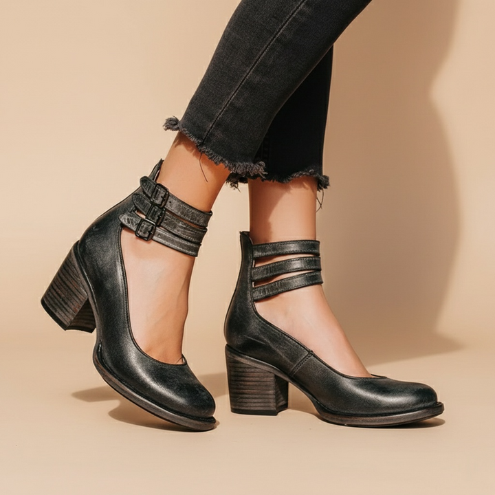 Women’s Closed Toe Block Heels with Double Ankle Straps