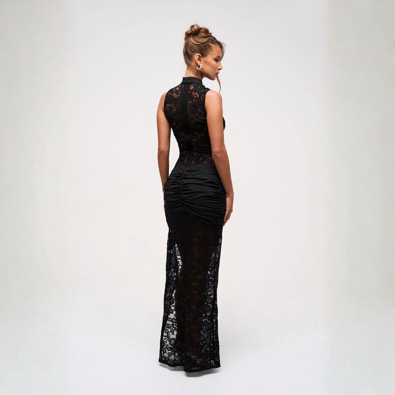 Women’s Lace Keyhole Mock-Neck Maxi Dress with Thigh Split