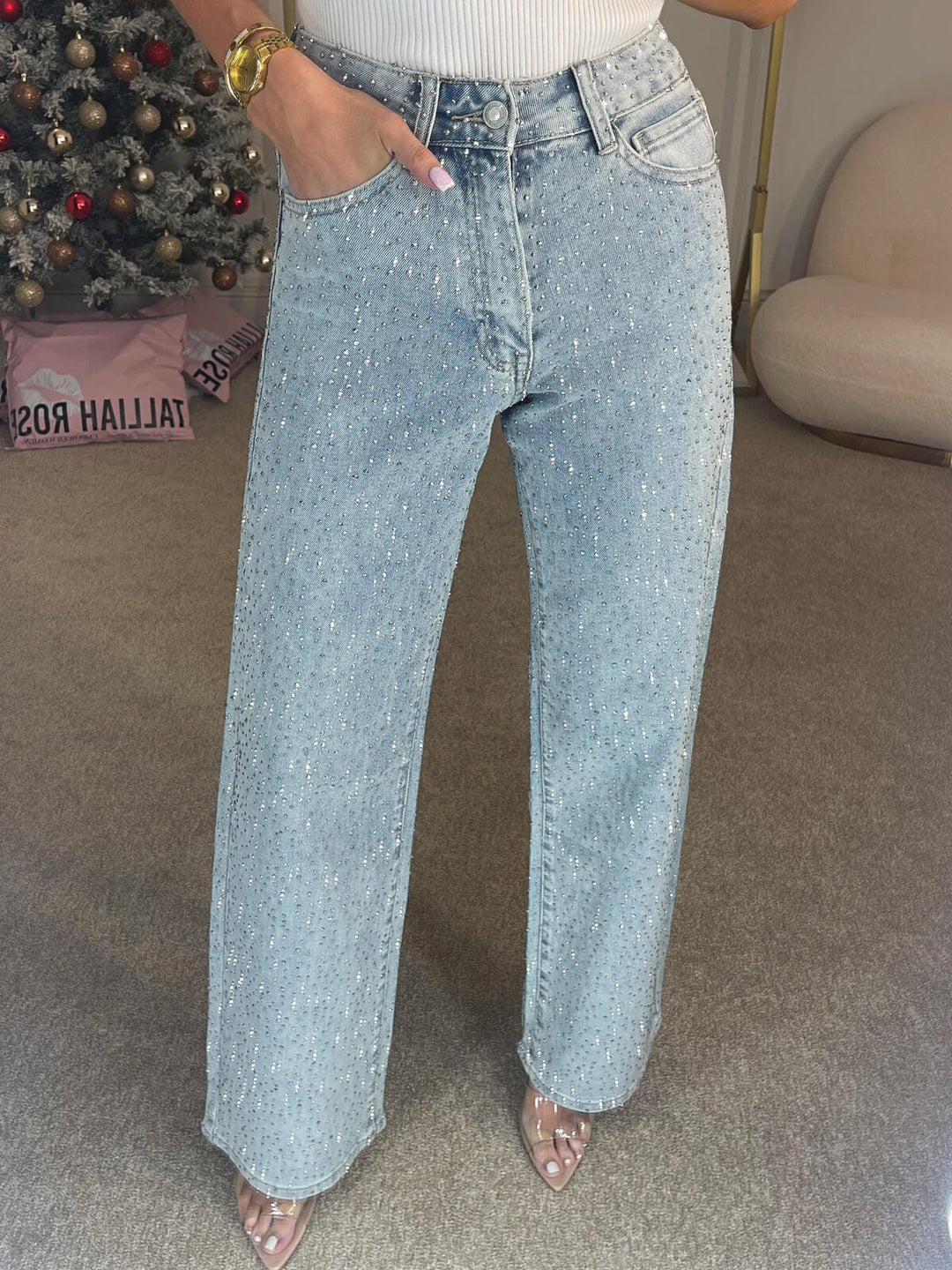 Women’s High Waisted Sparkly Denim Pants with Straight Leg Jeans