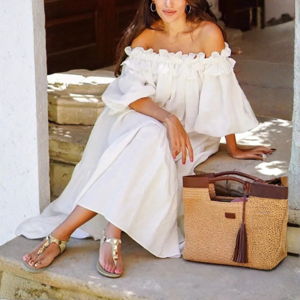 Women’s Off-Shoulder Ruffle Maxi Dress with Side Split