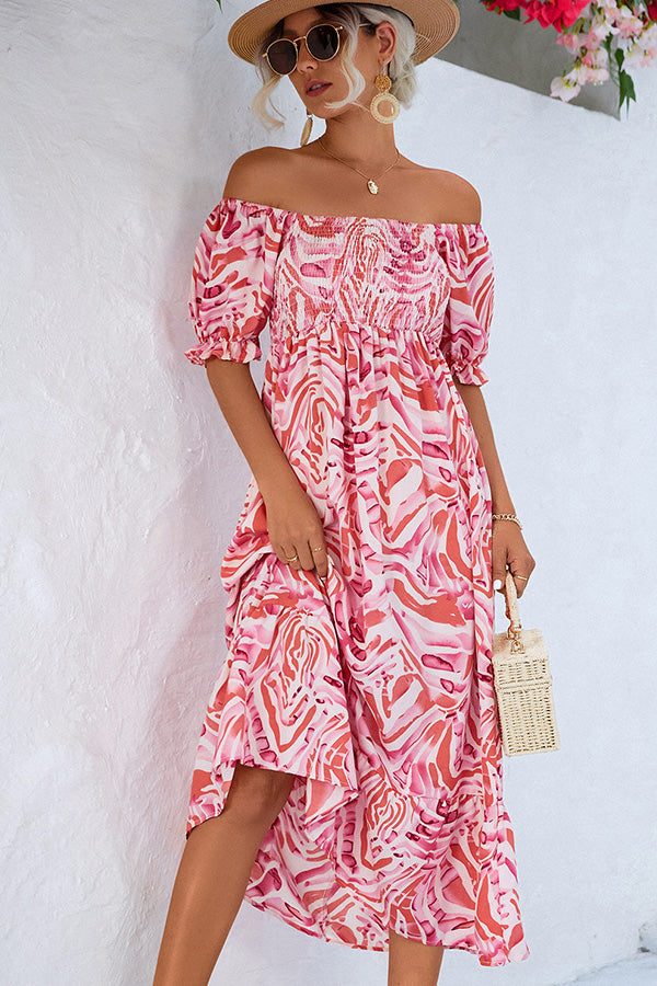Women’s Off-Shoulder Smocked Midi Dress with Puff Sleeves