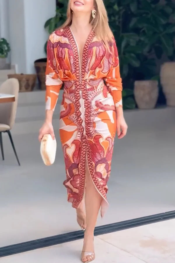 Women’s V-Neck Printed Ruched Midi Dress with Split
