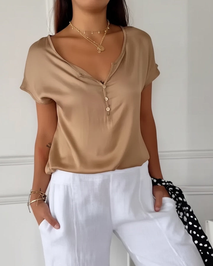Women’s Button Front V-neck Top with Short Sleeves