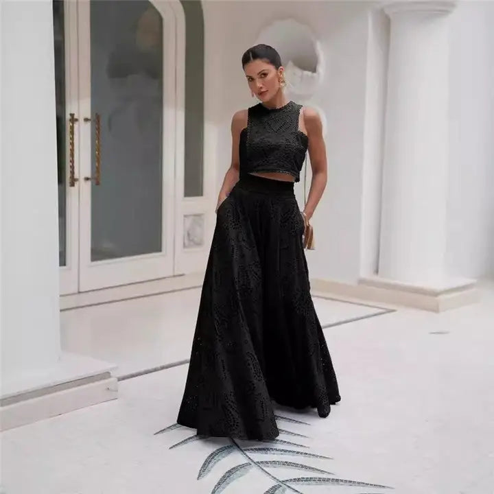 Women’s Embroidered High-Neck Crop Top Two Piece Set with A-Line Maxi Skirt