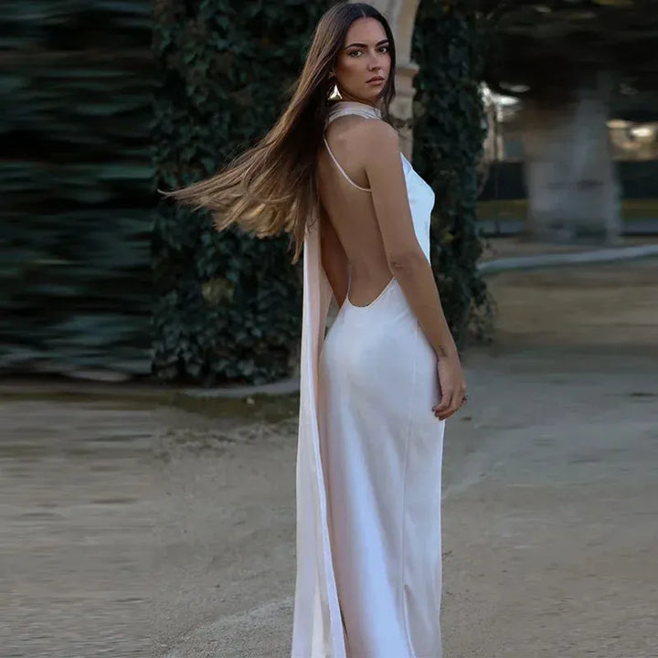 Women’s Satin One-Shoulder Cocktail Maxi Dress with Open Back