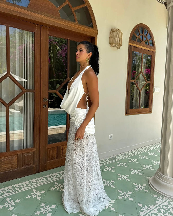 Women’s Halter Cowl-Front Floral Maxi Dress with Open Back