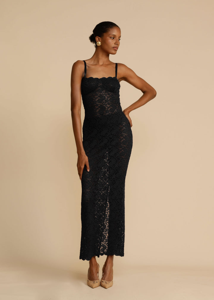 Women’s Lace Floral Embroidered Maxi Dress with Back Split