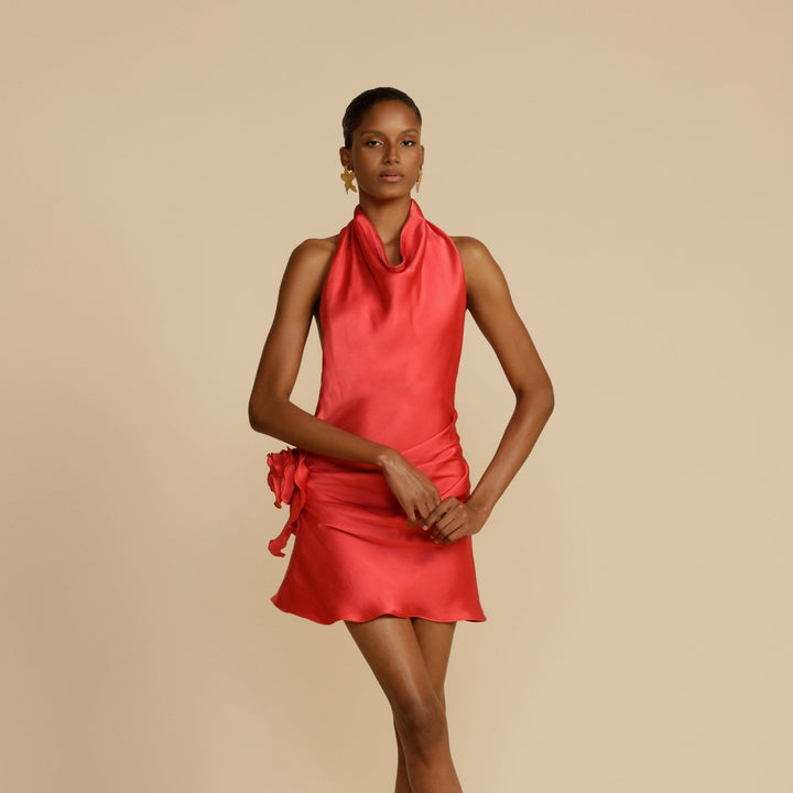 Women’s Satin Halter Cowl-Neck Mini Dress with Open Back