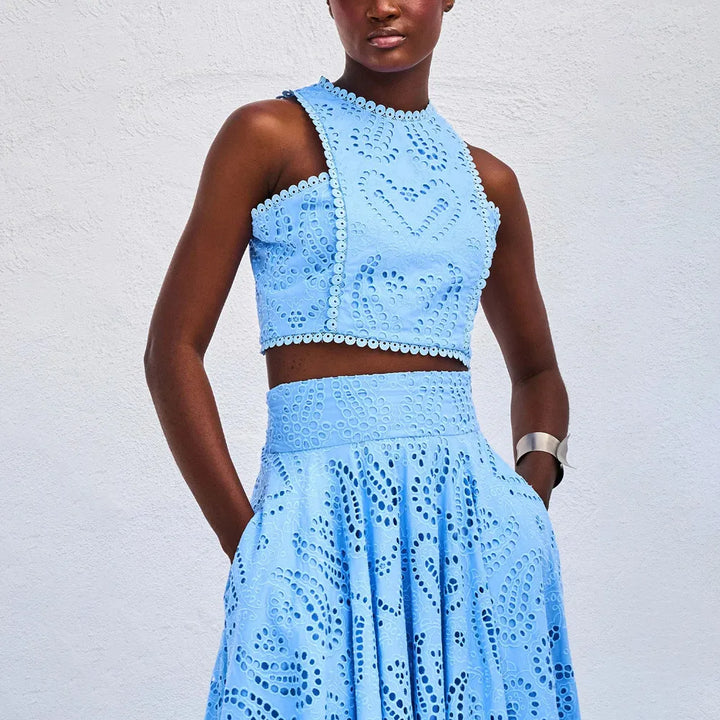 Women’s Embroidered High-Neck Crop Top Two Piece Set with A-Line Maxi Skirt