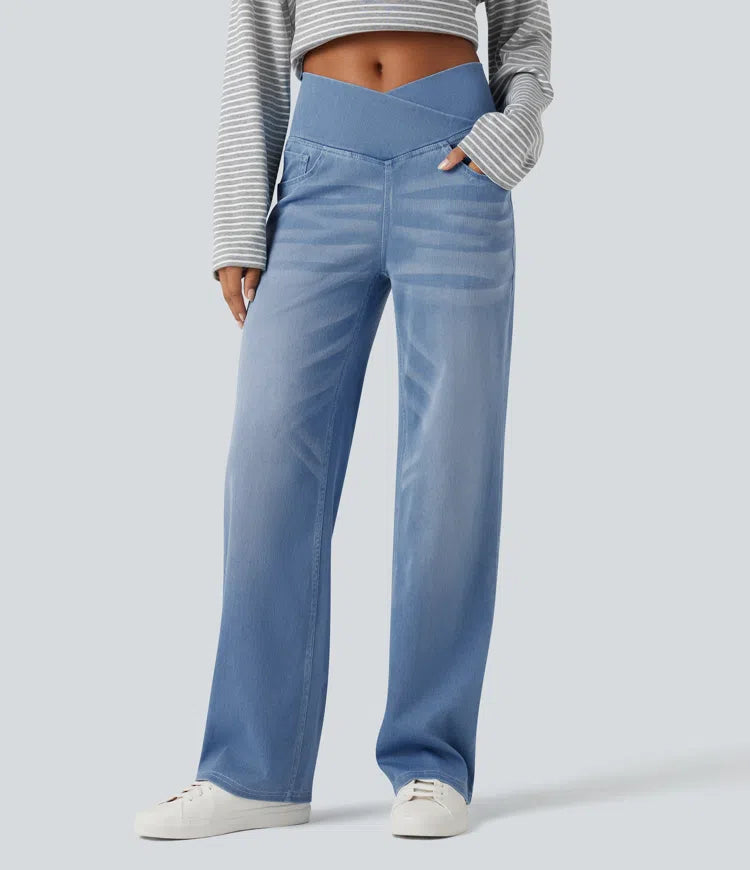 Women’s Crossover High Waisted Tummy Control Jeans with Straight Legs and Pockets
