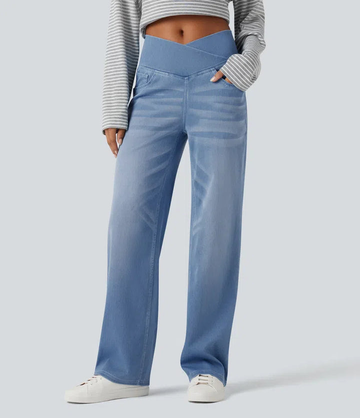 Women’s Crossover High Waisted Tummy Control Jeans with Straight Legs and Pockets